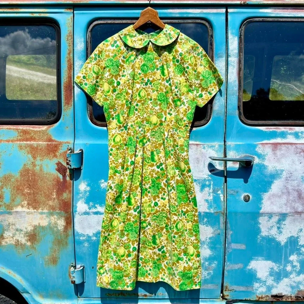 60s mod green cotton day dress magyar sleeve underarm gusset peter pan collar